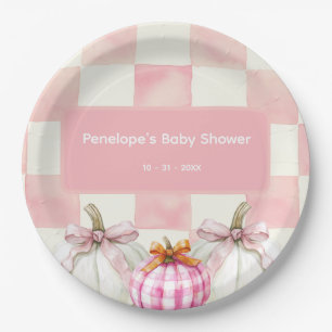 Fall Pink Pumpkin Gingham Girl Baby Shower Paper Plate