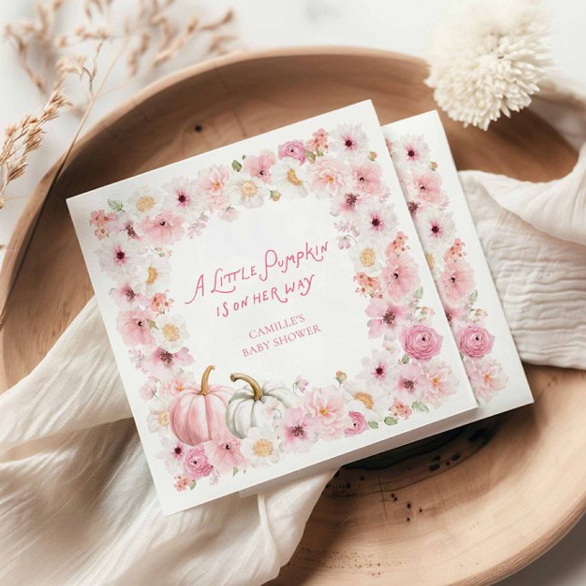 Fall Pink Pumpkin Girl Baby Shower Napkin (A little Pumpkin is on her way Girl Baby Shower Napkins)