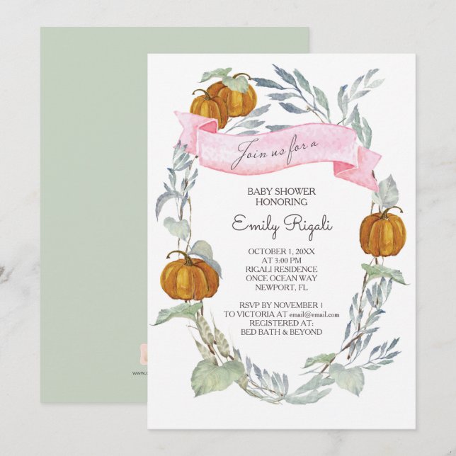 Fall Pink Pumpkin Greenery Baby Shower  Invitation (Front/Back)