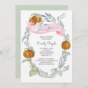 Fall Pink Pumpkin Greenery Baby Shower Invitation