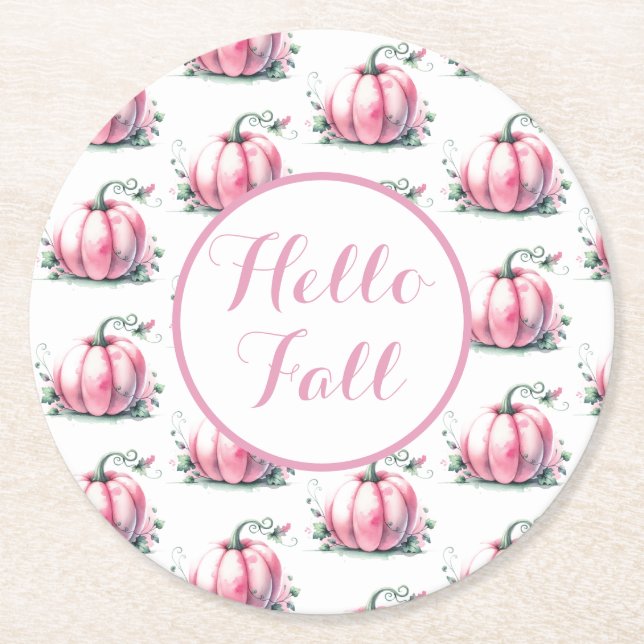 Fall Pink Pumpkin Round Paper Coaster (Front)