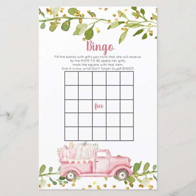 Fall Pink Pumpkin Truck Baby Shower Bingo Game (Front)