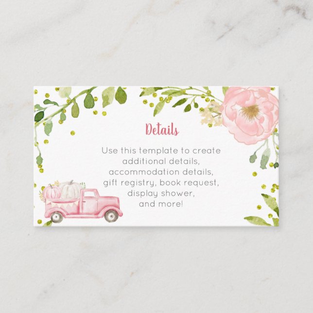 Fall Pink Pumpkin Truck Baby Shower Insert Card (Front)