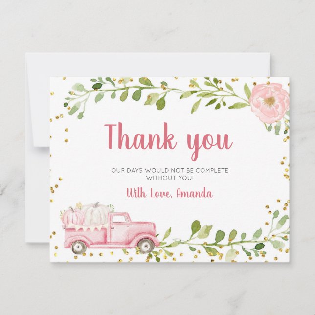 Fall Pink Pumpkin Truck Baby Shower Thank you card (Front)