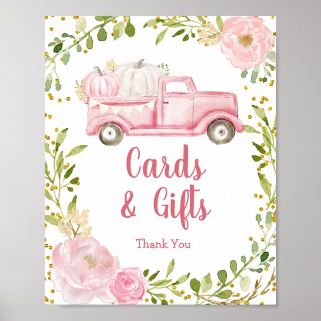 Fall Pink Pumpkin Truck Cards and Gifts Sign (Front)