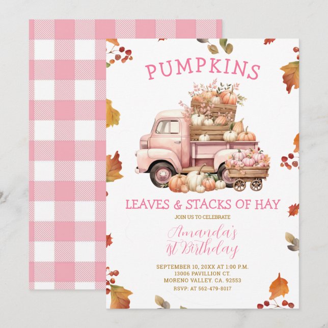Fall Pink Pumpkin Truck Girl 1st Birthday Autumn Invitation (Front/Back)