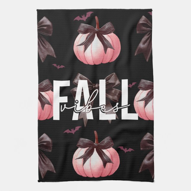 Fall Pink Pumpkins Pattern  Tea Towel (Vertical)