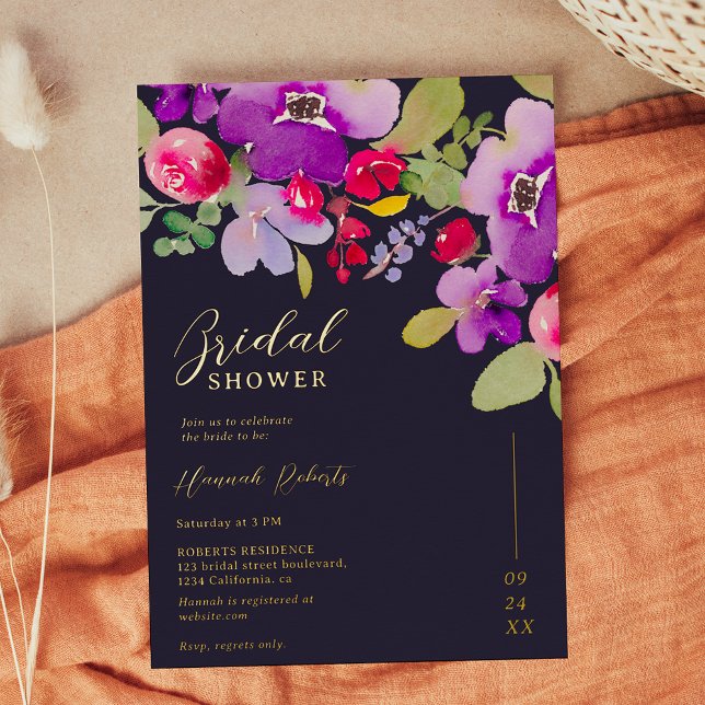 Fall pink purple floral watercolor bridal shower (Fall pink purple floral watercolor bridal shower foil invitation)