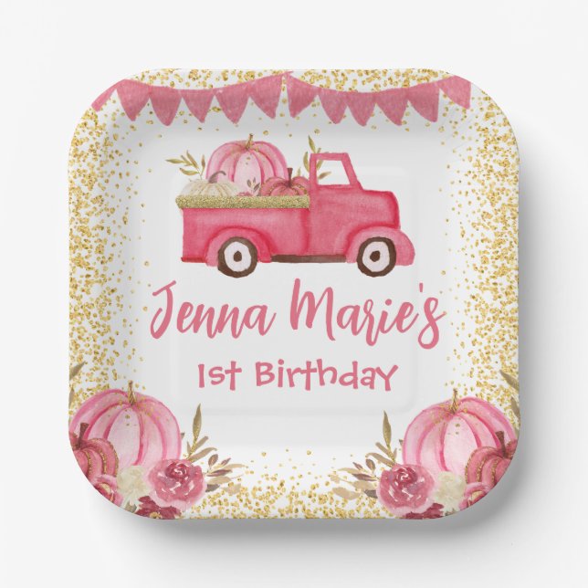 FALL PINK TRUCK PUMPKIN 1ST BIRTHDAY  PAPER PLATE (Front)