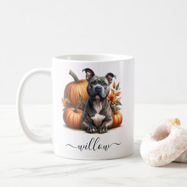 Fall Pitbull Dog Mug with Personalised Name (With Donut)