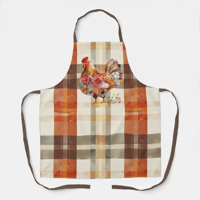 Fall Plaid apron with Colourful Rooster Design (Front)