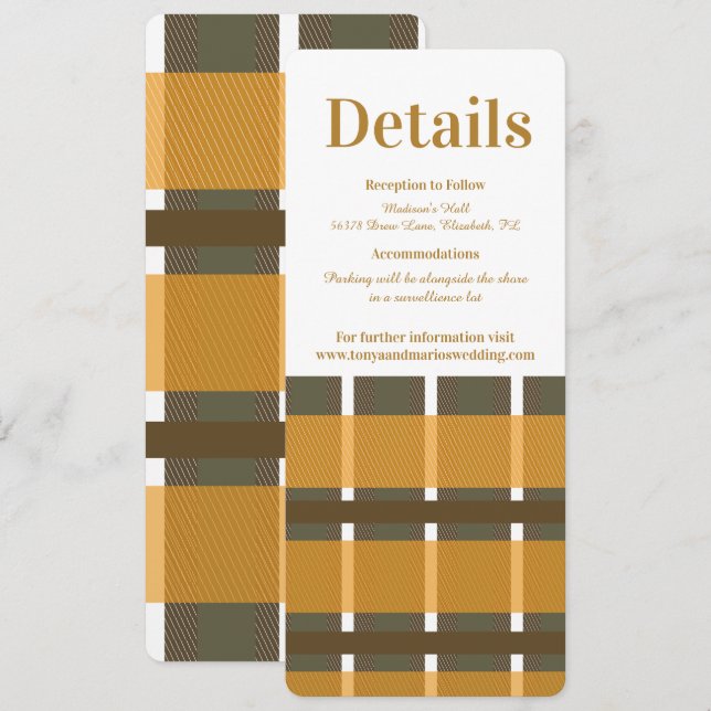 Fall Plaid Flannel Mustard Wedding Details Invitation (Front/Back)