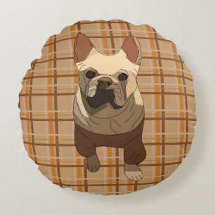 Fall Plaid French Bulldog Round Cushion