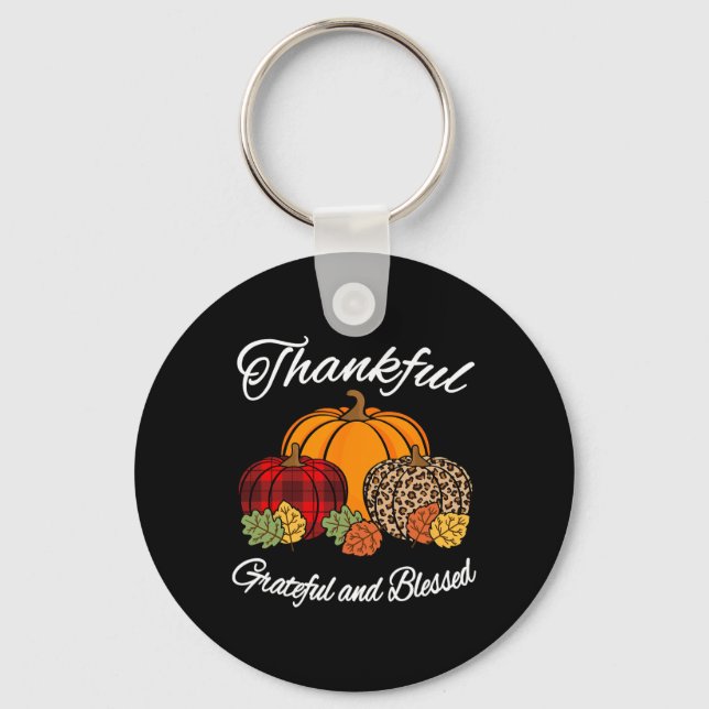 Fall Plaid Leopard Pumpkin Autumn Thanksgiving Ble Key Ring (Front)