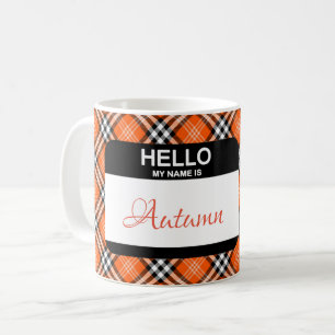Fall Plaid Orange Black White Custom Name Tag Coffee Mug