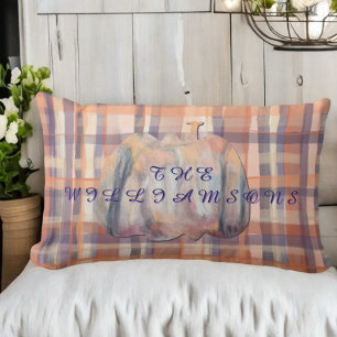 Fall plaid script pumpkin beige orange plum stripe lumbar cushion