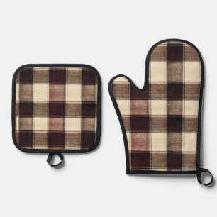 Fall Plaid Walnut Brown And Cranberry Cream Oven Mitt & Pot Holder Set