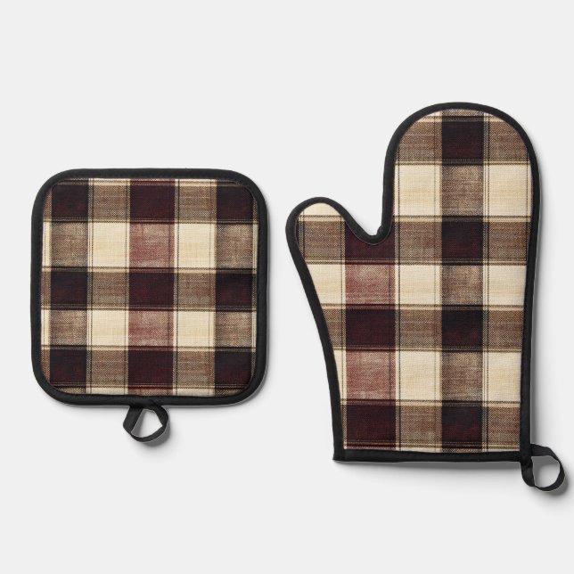 Fall Plaid Walnut Brown And Cranberry Cream  Oven Mitt & Pot Holder Set (Front)