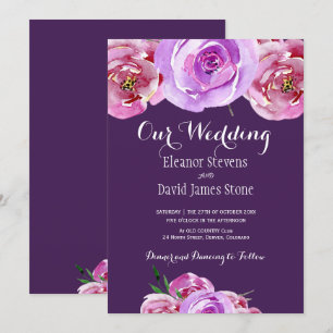 Fall plum blush pink lilac peonies chic wedding invitation