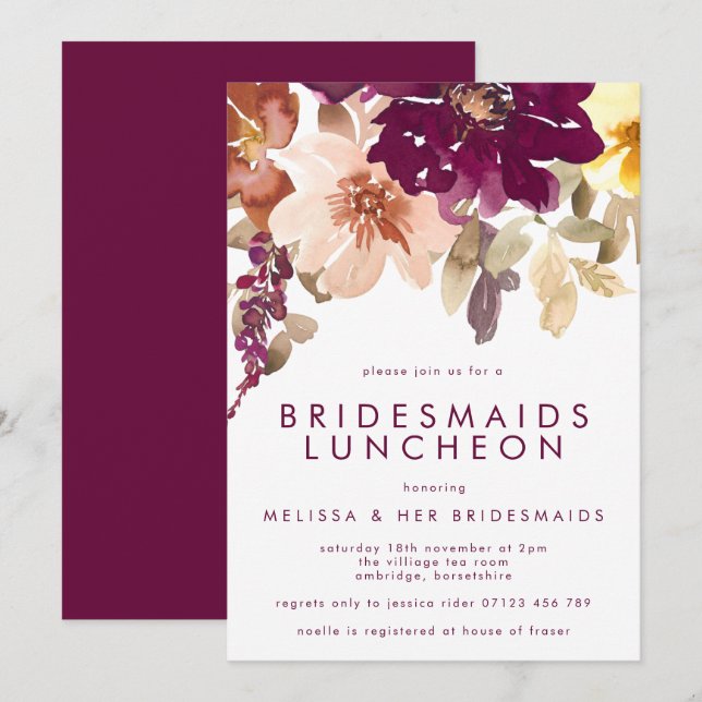Fall Plum Floral Bridesmaids Luncheon Invitation (Front/Back)