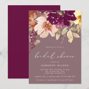Fall Plum Watercolor Floral Bridal Shower Invitation