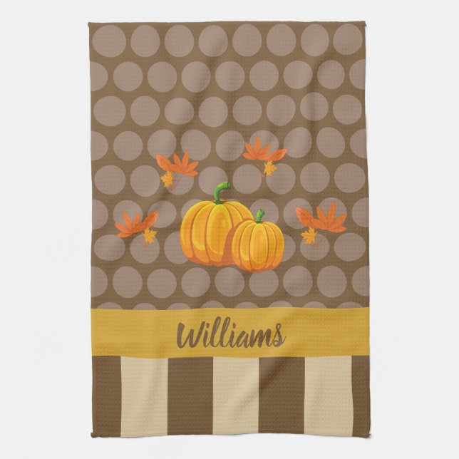 Fall Polka Dot Pumpkin with Family Name Tea Towel (Vertical)