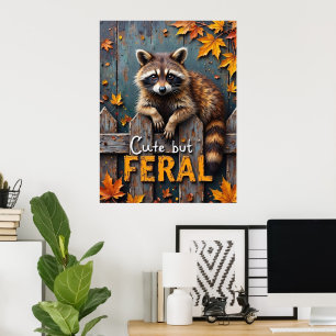 Fall Prowler: Racoon on Weathered Fence Poster