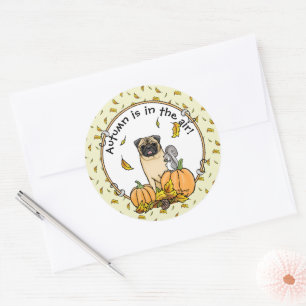 Fall Pug Dog (fawn) Pumpkins Leaves Cute Classic Round Sticker