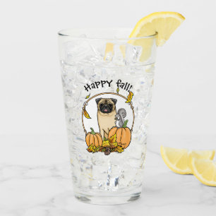 Fall Pug Dog (fawn) Pumpkins Leaves Cute Glass