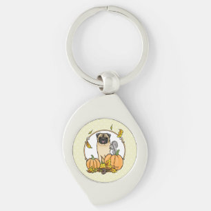 Fall Pug Dog (fawn) Pumpkins Leaves Cute Key Ring
