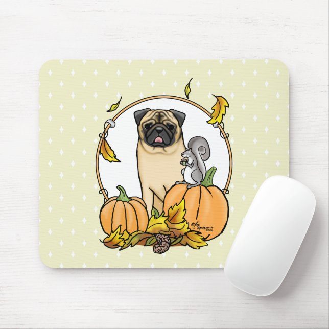 Fall Pug Dog (fawn) Pumpkins Leaves Cute Mouse Mat (With Mouse)