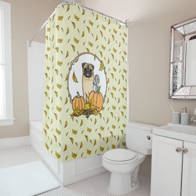 Fall Pug Dog (fawn) Pumpkins Leaves Cute Shower Curtain (In Situ)