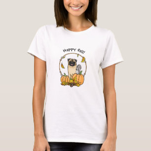 Fall Pug Dog (fawn) Pumpkins Leaves Cute T-Shirt