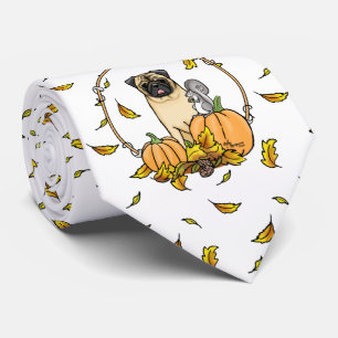 Fall Pug Dog (fawn) Pumpkins Leaves Cute Tie