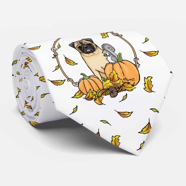 Fall Pug Dog (fawn) Pumpkins Leaves Cute Tie (Rolled)