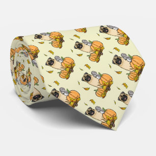 Fall Pug Dog (fawn) Pumpkins Leaves Cute Tie