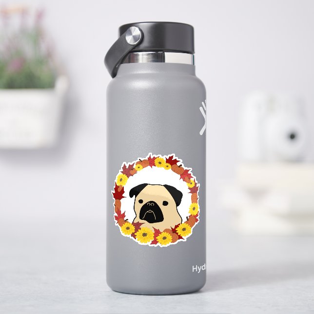 Fall Pug with Leaves, Pumpkins, and Sunflowers (HydroFlask)