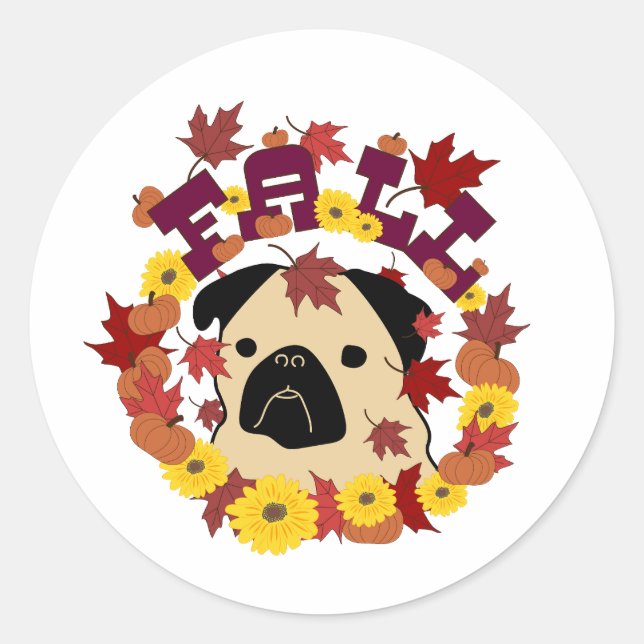Fall Pug with Leaves, Pumpkins, and Sunflowers Classic Round Sticker (Front)