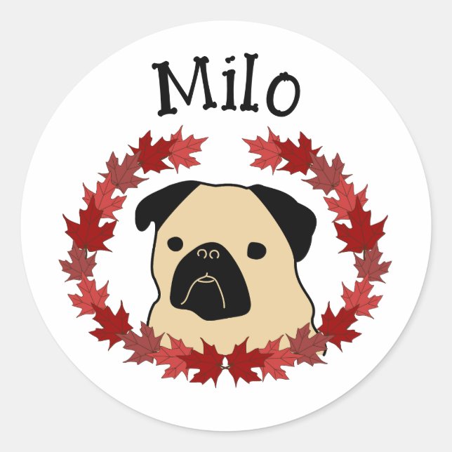Fall Pug with Split Leaf Wreath Classic Round Sticker (Front)