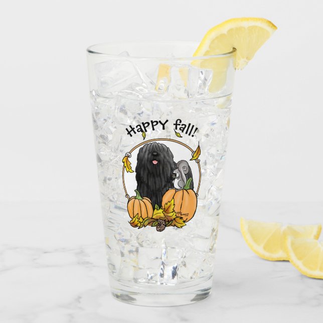 Fall Puli Dog (black) Pumpkins Leaves Cute Funny Glass (Back Ice)