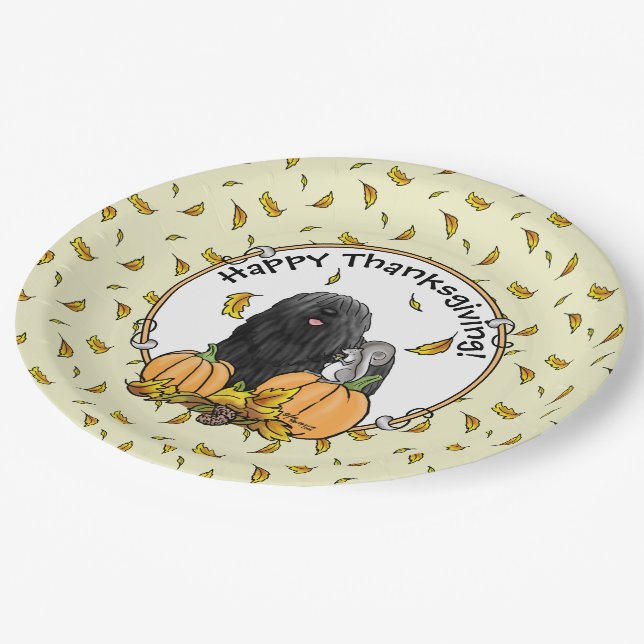 Fall Puli Dog (black) Pumpkins Leaves Cute Funny Paper Plate (Angled)