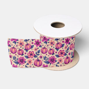 Fall Pumkins and Flowers Autumn Floral Pattern Satin Ribbon
