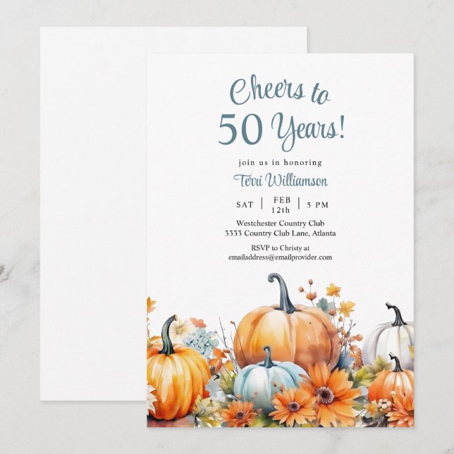 Fall Pumpkin 50th Birthday Cheers to 50 Years Invitation (Front/Back)