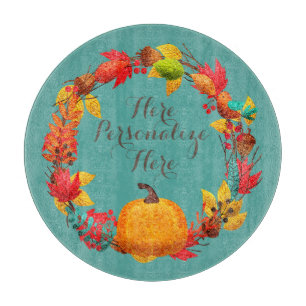 Fall pumpkin and autumn leaf wreath teal orange  cutting board