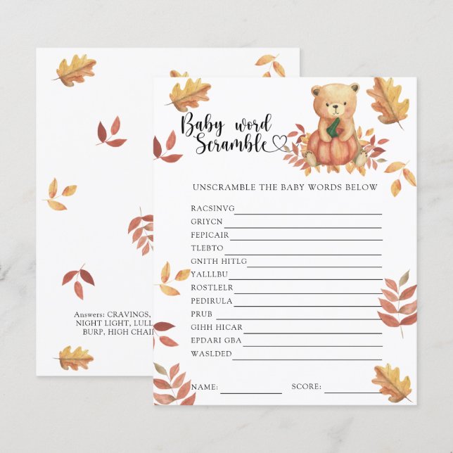 Fall pumpkin and bear - Baby Word Scramble Game (Front/Back)