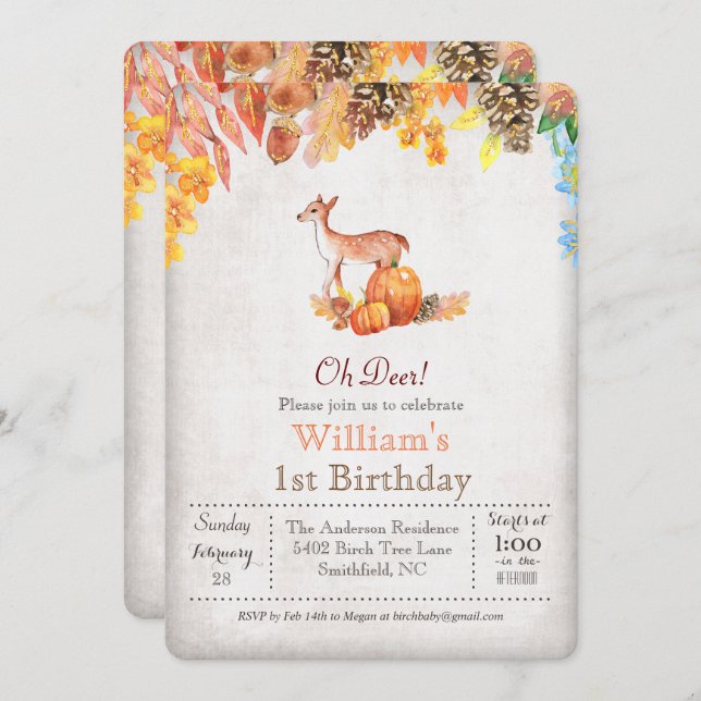 Fall Pumpkin and Deer 1st Birthday Invitation (Front/Back)