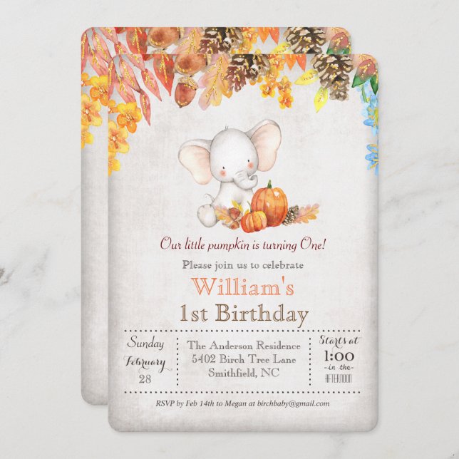 Fall Pumpkin and Elephant 1st Birthday Invitation (Front/Back)