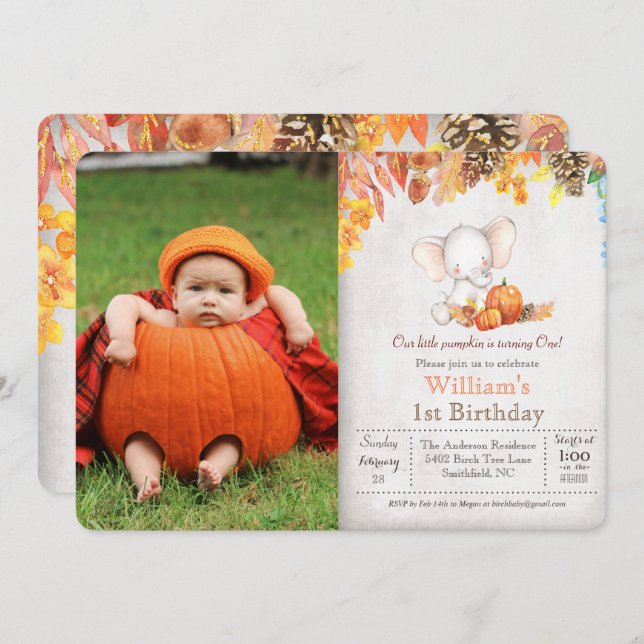 Fall Pumpkin and Elephant 1st Birthday Invitation (Front/Back)