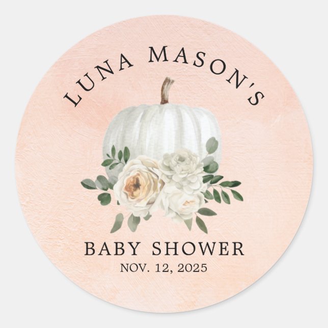 Fall Pumpkin and Flower Baby Shower Invitation Classic Round Sticker (Front)