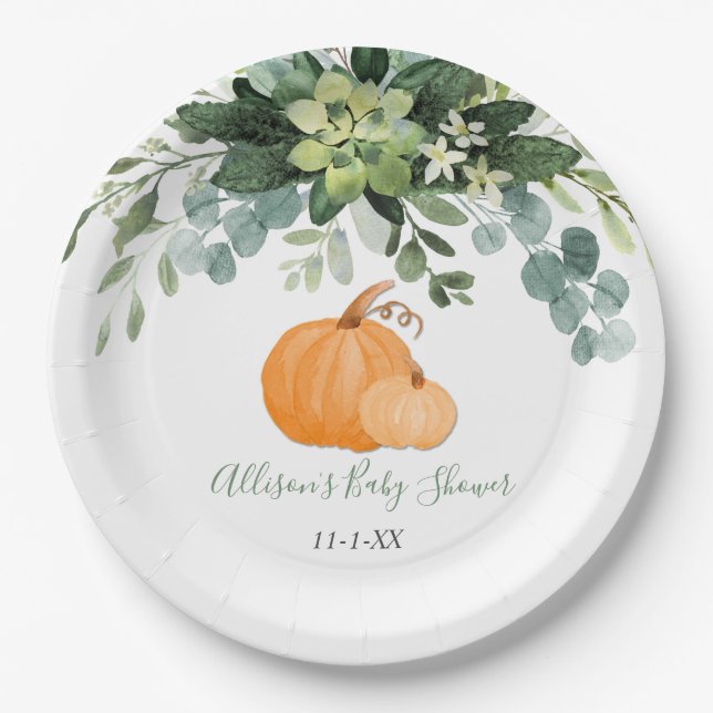 Fall pumpkin and greenery eucalyptus baby shower paper plate (Front)
